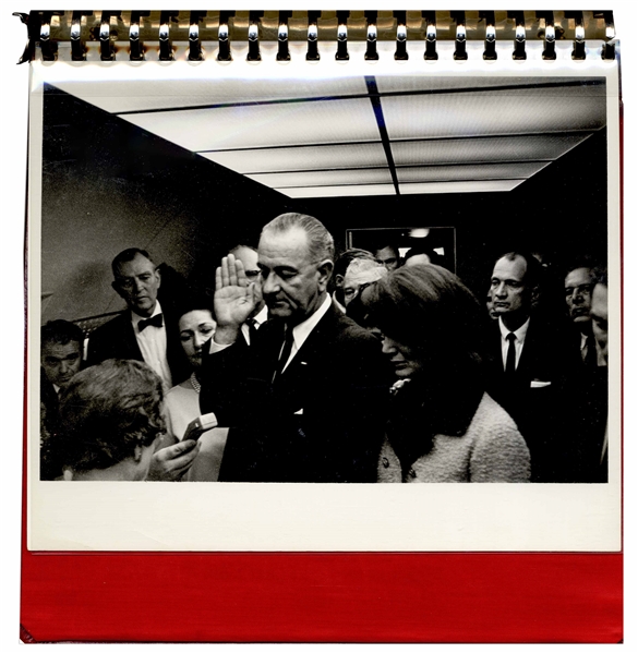 Cecil W. Stoughton's Personal, Unpublished Photo of LBJ's Inauguration Aboard Air Force One -- In Stoughton's Custom Red Leather Binder Stamped ''Inauguration Nov. 1963'' on Spine